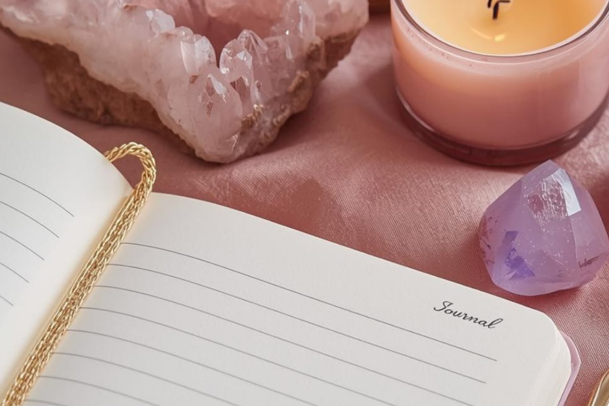 Soft pink flat lay with an open journal, a candle, and crystals for a new moon reset ritual