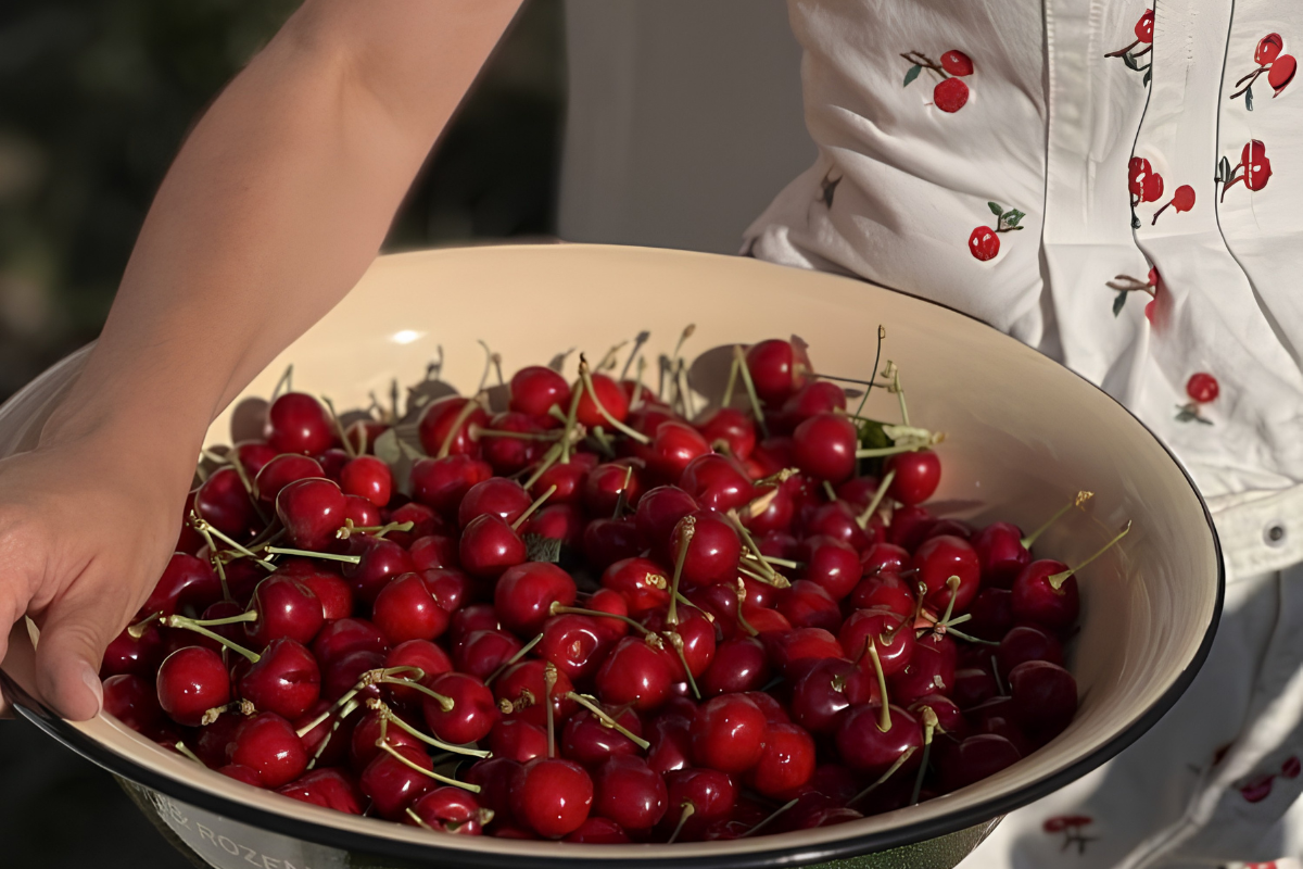 Woman in a cherry-print dress holding a large bowl of fresh cherries in golden summer light - easy summer fruit recipes for peak season