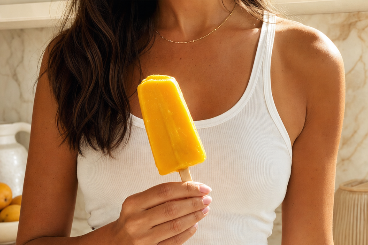 woman in a white tank top holding a homemade golden mango popsicle