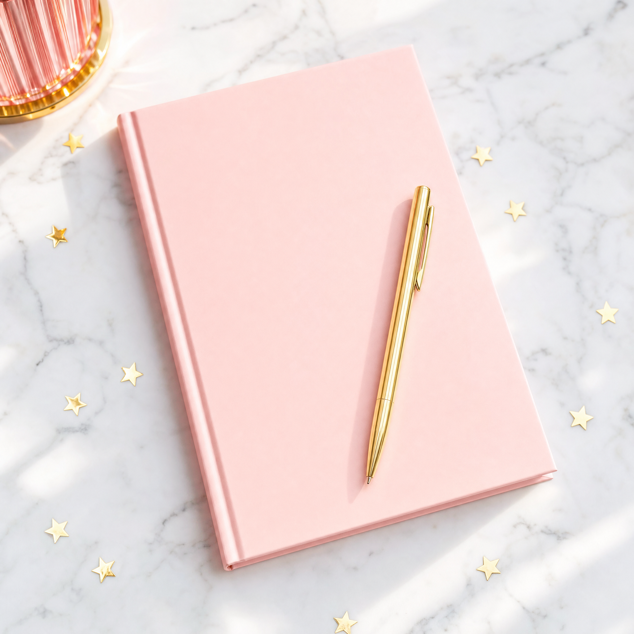 blush pink notebook with a gold pen on white marble, ready for a full moon release ritual