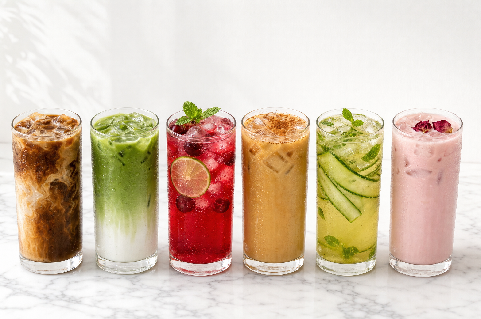 six iced drinks lined up on a white marble counter: iced coffee, iced matcha latte, cherry lime sparkler, honey cinnamon iced latte, cucumber mint green tea, and rose milk iced tea