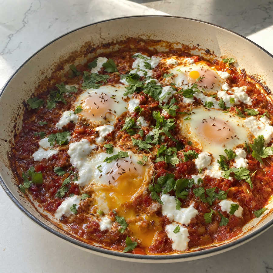 golden spiced shakshuka with four soft eggs and herby yogurt in a skillet