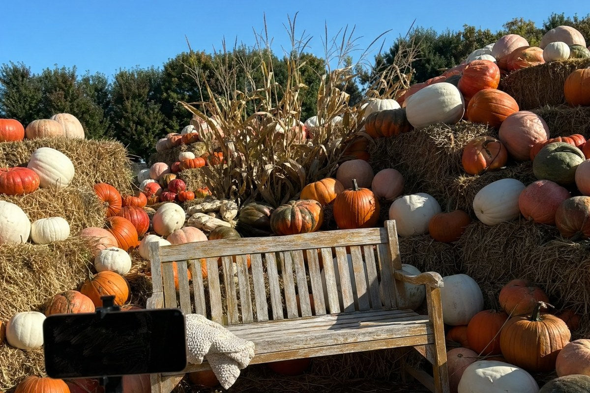 a wooden bench surrounded by stacked pumpkins and hay bales at a pumpkin patch on a sunny october day
