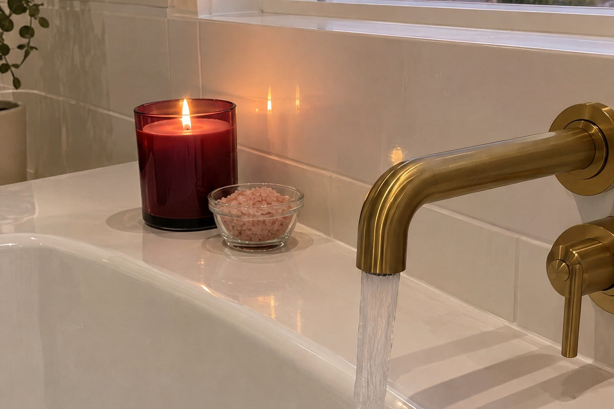 a bath being drawn by a candle in a merlot glass jar for a scorpio season self-care night
