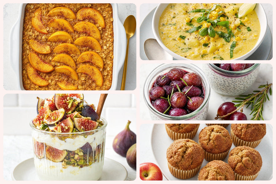 harvest menu collage: peach baked oats, fig yogurt jar, corn chowder, grape chia pudding, and apple butter muffins