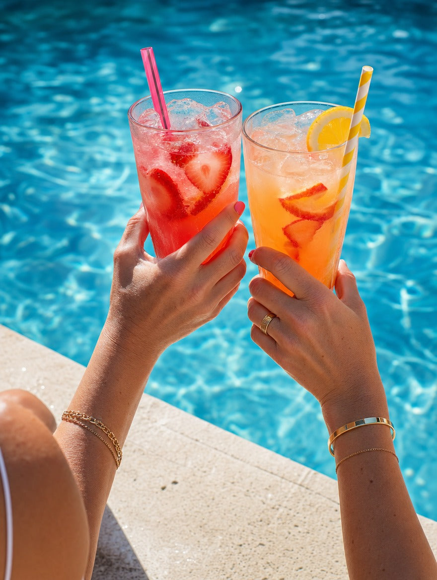 two fruity drinks cheersing over a pool - THE GLOW ERA chapter, About page