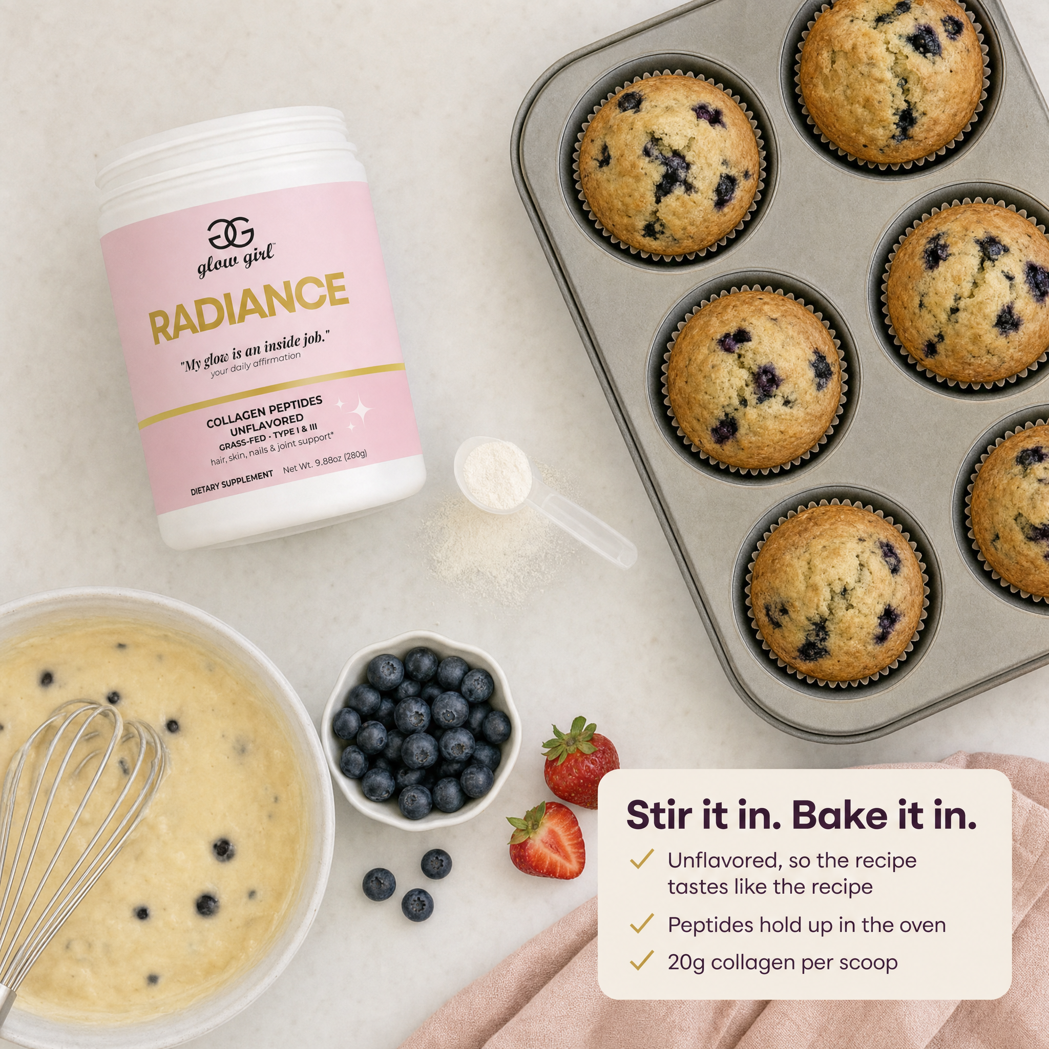 Radiance collagen with blueberry muffins, batter, berries and a scoop in an overhead baking scene. Stir it in. Bake it in.