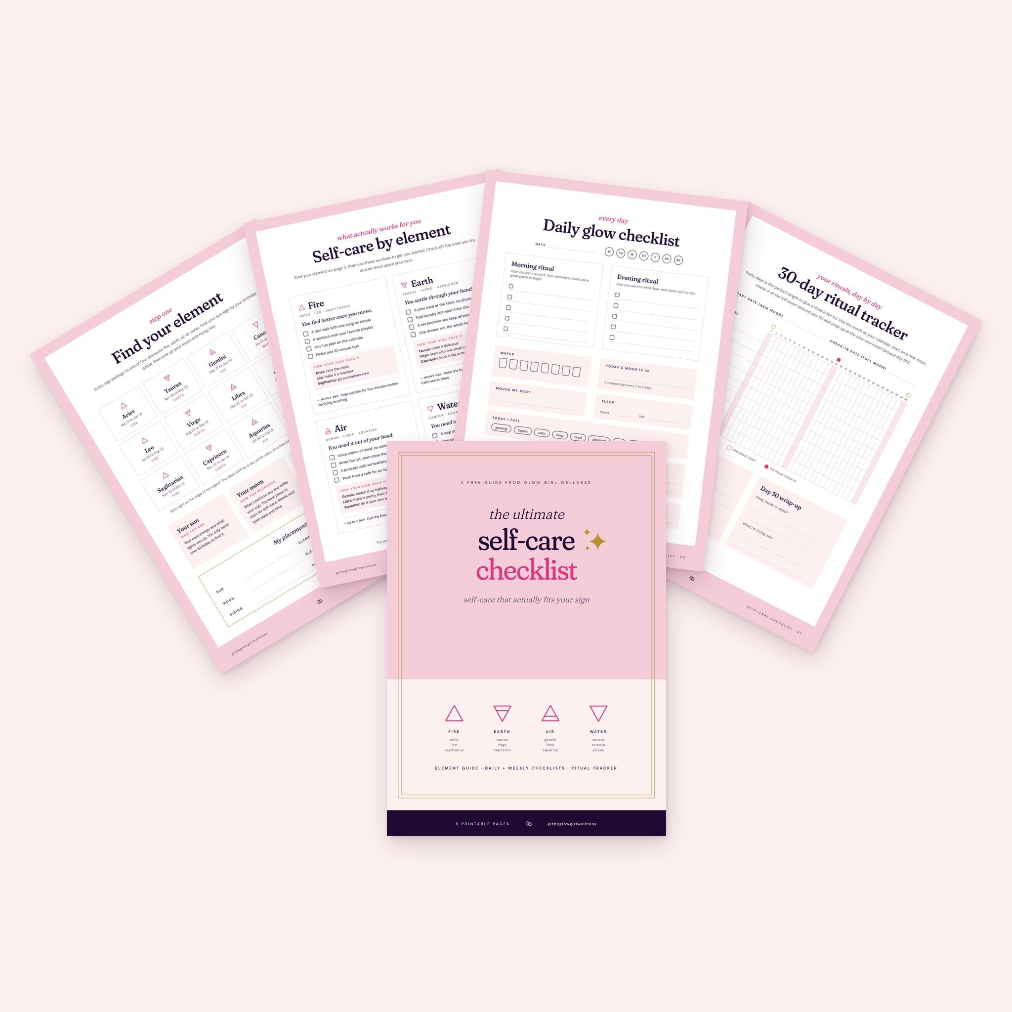 Inside The Ultimate Self-Care Checklist: find your element, self-care by element, daily glow checklist and 30-day ritual tracker pages fanned behind the cover