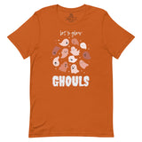 Burnt orange Let's Glow Ghouls Tee with little pink ghosts and stars under let's glow