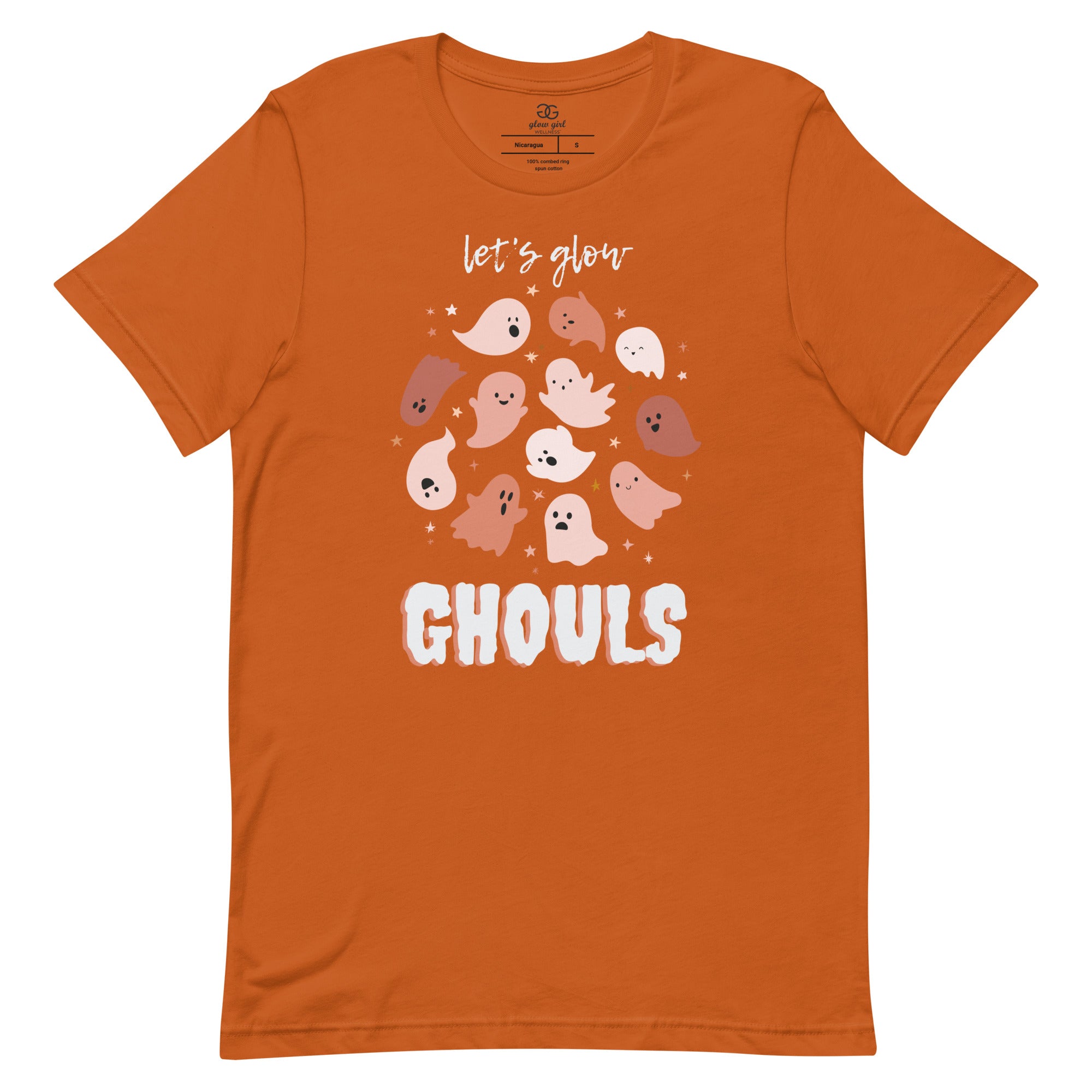 Burnt orange Let's Glow Ghouls Tee with little pink ghosts and stars under let's glow