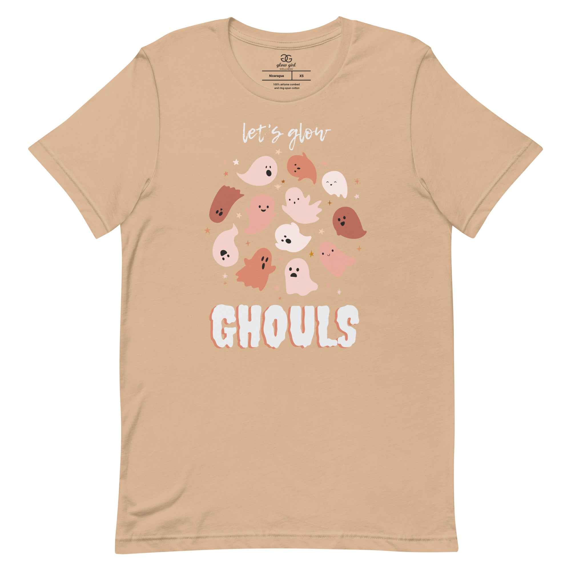 Tan Let's Glow Ghouls Tee with little pink ghosts and stars