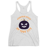 White Pumpkin Spice Up Your Life racerback tank with a jack-o'-lantern and orange lettering
