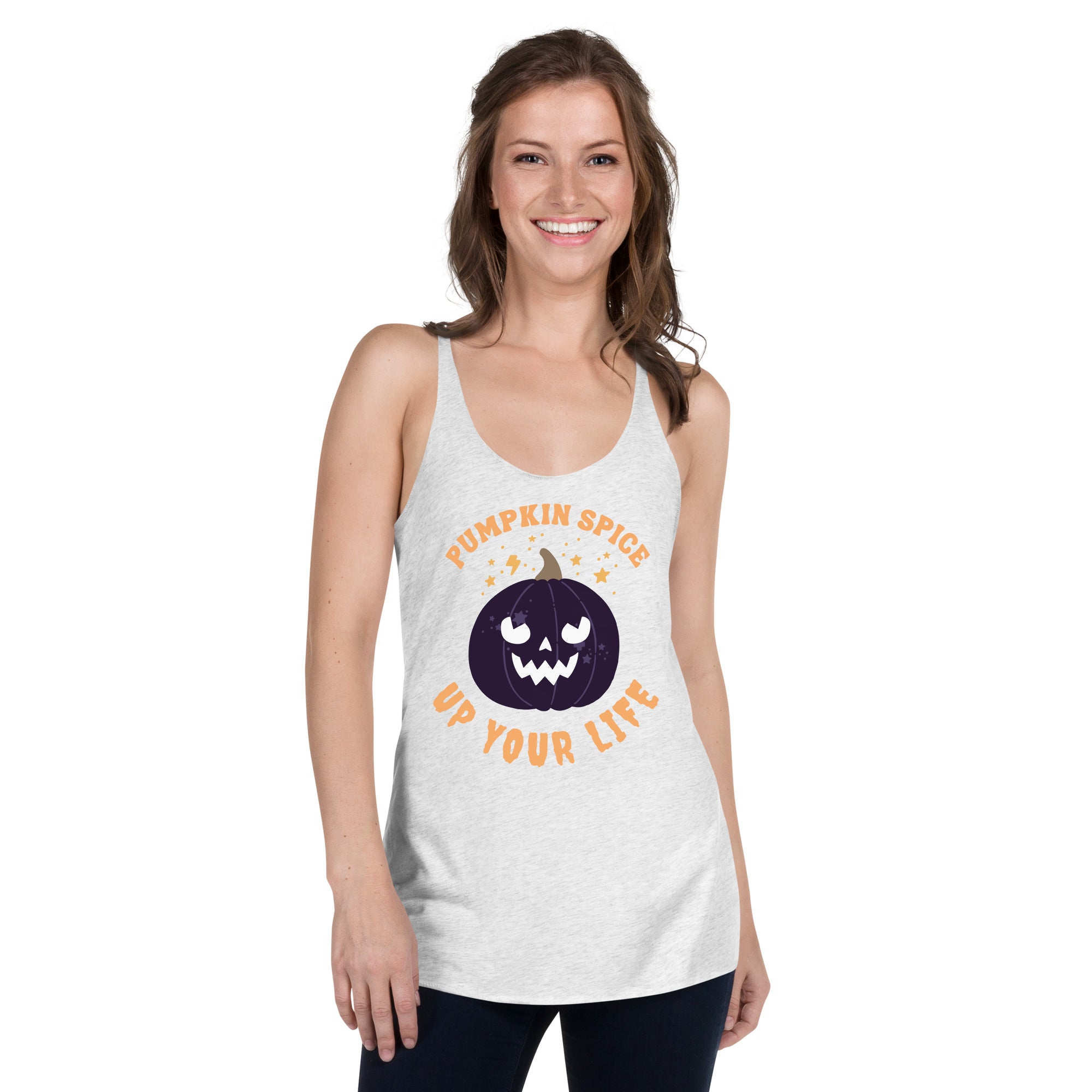 Woman wearing the white Pumpkin Spice Up Your Life Tank